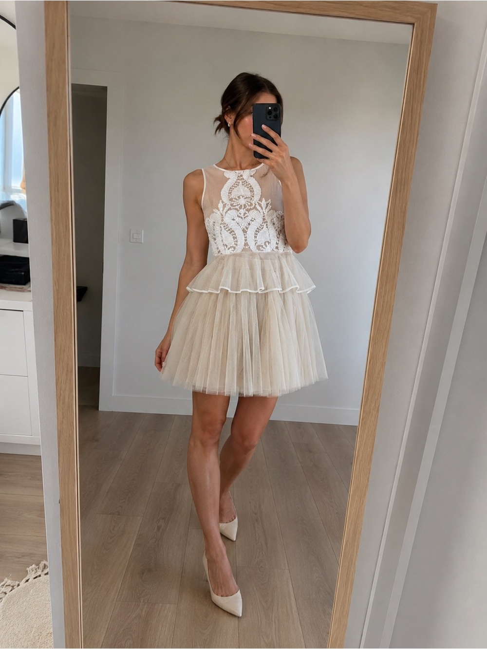 CALS M Ivory Lace Peplum Tulle Dress
